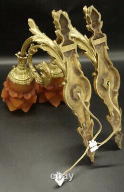 Large Pair Of Sconces Louis XVI Style Bronze & Amber Tulip French Antique