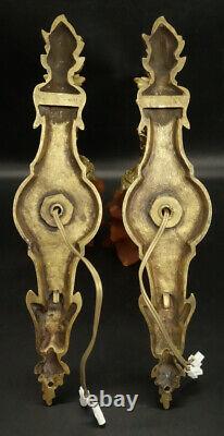 Large Pair Of Sconces Louis XVI Style Bronze & Amber Tulip French Antique