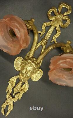 Large Pair Of Sconces Louis XVI Style Zephyr Decor Bronze French Antique