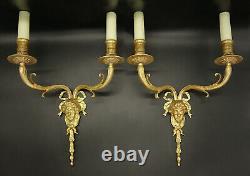 Large Pair Of Sconces Man Faces Decor Louis XVI Style Bronze French Antique