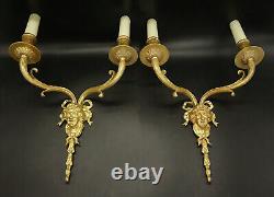 Large Pair Of Sconces Man Faces Decor Louis XVI Style Bronze French Antique