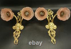Large Pair Of Sconces, Zephyr, Louis XVI Style Bronze & Glass French Antique