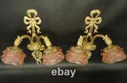 Large Pair Of Sconces, Zephyr, Louis XVI Style Bronze & Glass French Antique