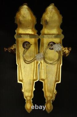 Large Pair Of Torches Sconces Louis XVI Style Bronze & Glass French Antique