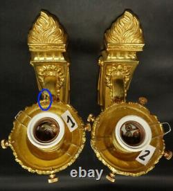 Large Pair Of Torches Sconces Louis XVI Style Bronze & Glass French Antique