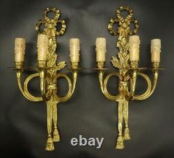 Large Pair Sconces Hunting Horn & Knot Louis XVI Style Bronze French Antique