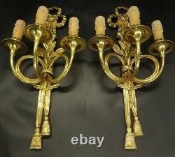 Large Pair Sconces Hunting Horn & Knot Louis XVI Style Bronze French Antique