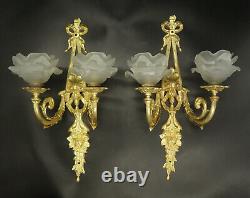 Large Pair Sconces Knots Decor Louis XVI Style Bronze & Glass French Antique