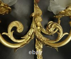 Large Pair Sconces Knots Decor Louis XVI Style Bronze & Glass French Antique