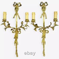 Large Pair Sconces, Knots & Flowers, Louis XVI Style Bronze French Antique