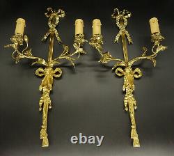 Large Pair Sconces, Knots & Flowers, Louis XVI Style Bronze French Antique