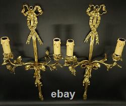 Large Pair Sconces, Knots & Flowers, Louis XVI Style Bronze French Antique