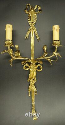 Large Pair Sconces, Knots & Flowers, Louis XVI Style Bronze French Antique