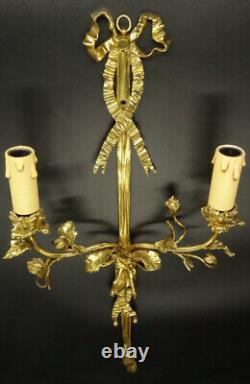 Large Pair Sconces, Knots & Flowers, Louis XVI Style Bronze French Antique