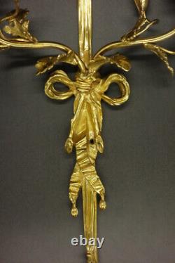 Large Pair Sconces, Knots & Flowers, Louis XVI Style Bronze French Antique