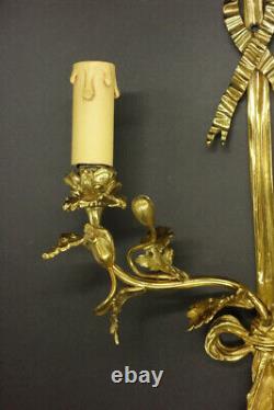 Large Pair Sconces, Knots & Flowers, Louis XVI Style Bronze French Antique