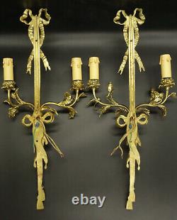 Large Pair Sconces, Knots & Flowers, Louis XVI Style Bronze French Antique