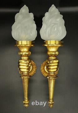 Large Pair Sconces Torches Hand Decor Louis XVI Style Bronze French Antique