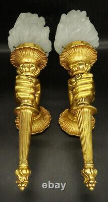 Large Pair Sconces Torches Hand Decor Louis XVI Style Bronze French Antique