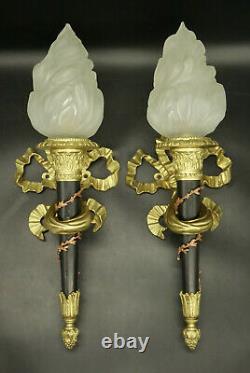Large Pair Sconces Torchieres, Knot, Louis XVI Style Bronze French Antique
