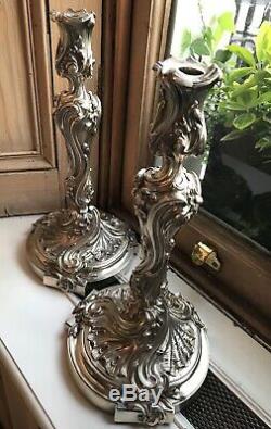 Large Pair of Antique 19th Century French Silver Candlesticks in Louis XV Rococo