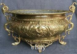 Large antique french Louis XVI planter 19th century brass repousse angels rams