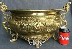 Large antique french Louis XVI planter 19th century brass repousse angels rams