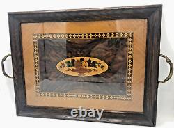 Large antique french tray Mid-1900's wood marquetry bronze handles