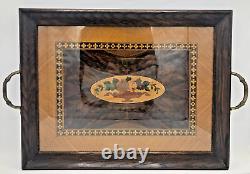 Large antique french tray Mid-1900's wood marquetry bronze handles