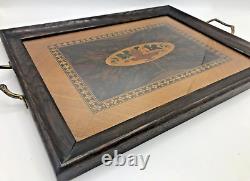 Large antique french tray Mid-1900's wood marquetry bronze handles