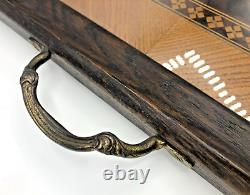 Large antique french tray Mid-1900's wood marquetry bronze handles