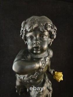 Lg. Antique French Louis XV Bronze Infant Bacchus Satyr withGilt Flower. 16tall