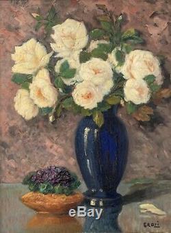 Louis Martinage Grozi (b. 1878) Large French Impressionist Oil Roses Blue Vase