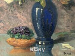 Louis Martinage Grozi (b. 1878) Large French Impressionist Oil Roses Blue Vase