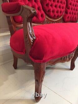 Louis XV 19TH Century Restored Antique Sofa Hand Carved Cedar Velvet Parlor Set