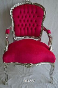 Louis XV Arm Chair French Style Chair Vintage Fushia Velvet Silver Wood