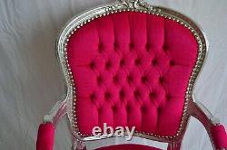 Louis XV Arm Chair French Style Chair Vintage Fushia Velvet Silver Wood