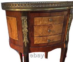 Louis XV Style French Marquetry Oval Nightstand Pierced Gilt Night End Table