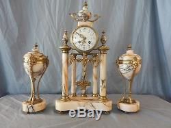 Louis XVI French Marble and Ormulo 5 Column Portico Clock Set with Teardrop Urns