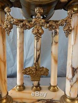 Louis XVI French Marble and Ormulo 5 Column Portico Clock Set with Teardrop Urns