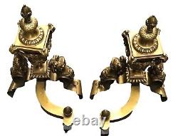 Louis XVI Style French Antique Golden Brass Andirons / Fireplace Chenet