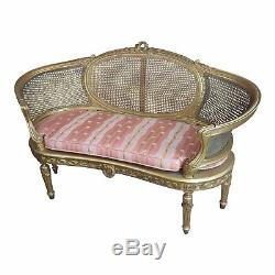 Louis XVI Vintage Cane Back Gilt Settee withPink Striped Cushion