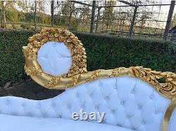 Lounge Sofa French Louis XVI White Gold Leaf Antique Style Beech Frame 1980s