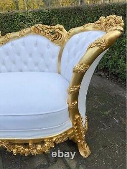 Lounge Sofa French Louis XVI White Gold Leaf Antique Style Beech Frame 1980s