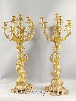 Magnificent 1840 French Louis XV Bronze Clock with Two Candelabras