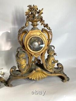 Magnificent 1840 French Louis XV Bronze Clock with Two Candelabras