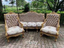 Majestic French Louis XVI Sofa Set in Luxe Tan Velvet Antique Luxury