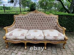 Majestic French Louis XVI Sofa Set in Luxe Tan Velvet Antique Luxury