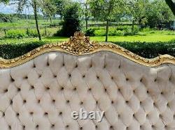 Majestic French Louis XVI Sofa Set in Luxe Tan Velvet Antique Luxury