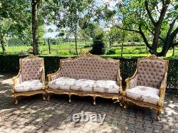 Majestic French Louis XVI Sofa Set in Luxe Tan Velvet Antique Luxury